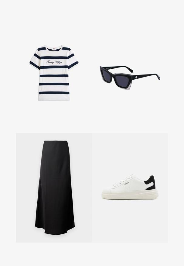 Bawełniana koszulka z poziomymi granatowymi paskami na białym tle. "Tommy Hilfiger" wyszyte kursywą na klatce piersiowej. Okrągły dekolt.; Czarna midi spódnica o gładkiej fakturze, zaprojektowana z wysokim stanem i bocznym rozcięciem, charakteryzująca się prostą, nieozdobioną sylwetką.; Białe skórzane sneakersy z grubą białą podeszwą, czarnym zamszowym akcentem na pięcie oraz wytłoczonym logotypem z boku. Projekt z sznurówkami i sześcioma dziurkami.; Czarne, oversize okulary przeciwsłoneczne o geometrycznym kształcie, z ciemnymi soczewkami i kontrastującym szarym detalem na oprawie. Logo na ramieniu.
