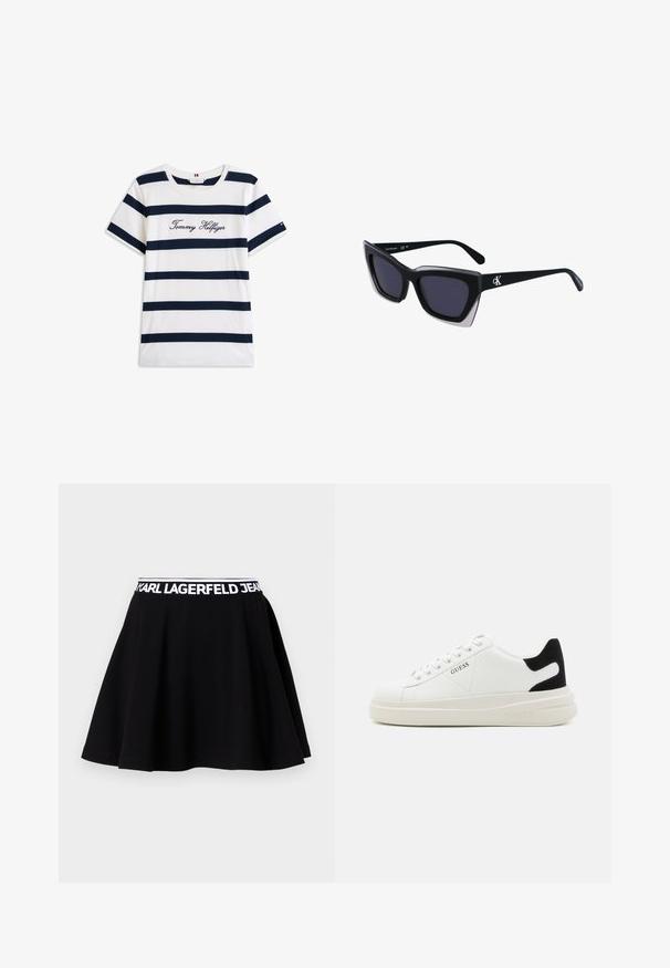 Fehér alapú, vízszintes sötétkék csíkos pamut póló. A mellkason írásos stílusban hímzett "Tommy Hilfiger" felirat. Kerek nyakú.; Fekete, bővülő fazonú szoknya pamutból. Fehér rugalmas derékpántja a "KARL LAGERFELD JEANS" logóval rendelkezik.; Fehér bőr sportcipők vastag fehér talppal, fekete velúr sarokpikkelyel és dombornyomott logóval az oldalon. Fűzős kialakítás, hat fűzőlyukkal.; Fekete, nagyméretű napszemüveg geometrikus formával, sötét lencsékkel és kontrasztos szürke részlettel a kereten. Logó a szárán.