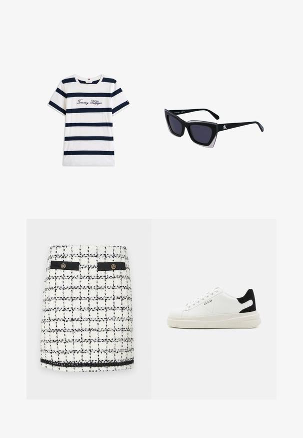Baltos medvilninės marškinėliai su horizontaliomis tamsiai mėlynomis juostelėmis. Ant krūtinės išsiuvinėtas „Tommy Hilfiger“ rašmuo. Apvalus iškirpimas.; Balti ir juodi tweed mini sijonai, turintys grotelinį raštą, juodus akcentus, dvi priekines kišenes ir auksinius mygtukus.; Baltos odinės sportbačiai su storu baltu padu, juodu nubuko kulno akcentu ir iškilmingu logotipu šone. Su raišteliais, turinčiais šešis akinius.; Juodos didelės saulės akinių su geometrine forma, turinčiais tamsius objektyvus ir kontrastingą pilką detalę ant rėmelio. Logotipas ant šalon.