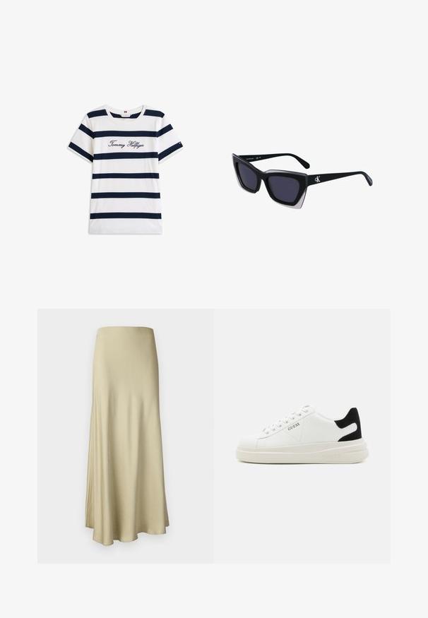 Bawełniana koszulka z poziomymi granatowymi paskami na białym tle. "Tommy Hilfiger" wyszyte kursywą na klatce piersiowej. Okrągły dekolt.; Długa, zwiewna beżowa spódnica wykonana z miękkiego materiału. Charakteryzuje się gładką fakturą i prostym, minimalistycznym designem bez widocznych elementów metalowych.; Białe skórzane sneakersy z grubą białą podeszwą, czarnym zamszowym akcentem na pięcie oraz wytłoczonym logotypem z boku. Projekt z sznurówkami i sześcioma dziurkami.; Czarne, oversize okulary przeciwsłoneczne o geometrycznym kształcie, z ciemnymi soczewkami i kontrastującym szarym detalem na oprawie. Logo na ramieniu.