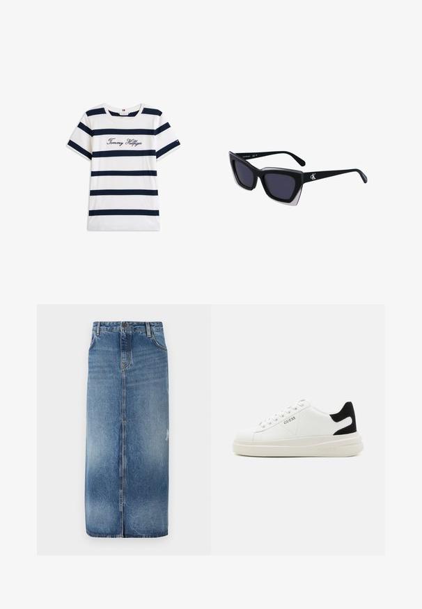 Bombažna majica s horizontalnimi mornarsko modrimi črtami na belem ozadju. "Tommy Hilfiger" izvezeno v kurzivni pisavi na prsih. Okrugli izrez.; Jean midi krilo z gradacijo barv od svetlo do temno modre, sprednjim zapiranjem in diskretno uničenimi detajli blizu roba. Grob rob na dnu.; Bele usnjene športne copate z debelim belim podplatom, črnimi semišnimi detajli na peti in utisnjenim logotipom na strani. Zavezovanje s šestimi luknjicami.; Črne prevelike sončne očala geometrijske oblike, z temnimi lečami in kontrastno sivo podrobnostjo na okvirju. Logo na ročaju.; Srebrne obročaste uhane z gladko, sijočo površino. Zaobljena oblika, lahka zasnova, z zapiranjem na zatič.