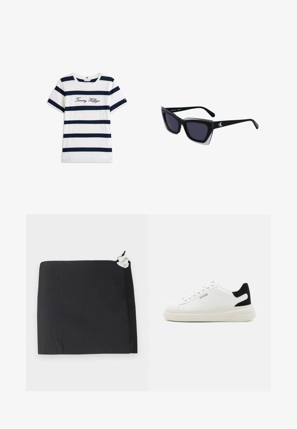 Bavlněné tričko s horizontálními námořnickými pruhy na bílém pozadí. Na hrudi je výšivka "Tommy Hilfiger" v kurzívě. Kulatý výstřih.; Černá sukně s elegantním designem, rovnou siluetou a hladkou texturou. Obsahuje bílý akcent v oblasti hardwaru na boku.; Bílé kožené tenisky s tlustou bílou podrážkou, černým semišovým akcentem na patě a vyraženým logem na boku. Šněrovací design se šesti očka.; Černé oversized sluneční brýle geometrického tvaru, s tmavými skly a kontrastním šedým detailem na rámu. Logo na rameni.