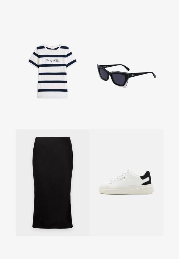 Pamučna majica s horizontalnim tamnoplave pruge na bijeloj pozadini. "Tommy Hilfiger" izvezeno kurzivom na prsima. Okrugli izrez.; Crna, uska midi suknja s glatkom teksturom, detaljem na boku i klasičnom strukom. Dizajnirana za elegantnu siluetu.; Bijele kožne tenisice s debelim bijelim potplatom, crnim zamšastim akcentom na peti i ugraviranim logom sa strane. Dizajn s vezicama i šest rupa za vezivanje.; Crne oversize sunčane naočale geometrijskog oblika, s tamnim staklima i kontrastnom sivom dekoracijom na okviru. Logo na dršci.
