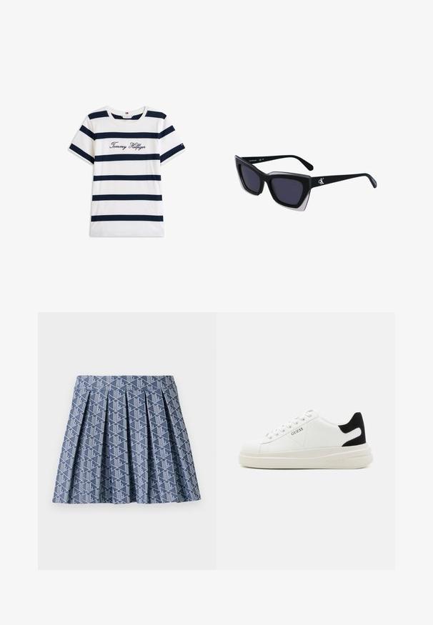 Baltos medvilninės marškinėliai su horizontaliomis tamsiai mėlynomis juostelėmis. Ant krūtinės išsiuvinėtas „Tommy Hilfiger“ rašmuo. Apvalus iškirpimas.; Mėlyna klostuota sijonas su geometriniu baltu raštu. Pagaminta iš tekstūruoto audinio, su prigludusia juosmens dalimi ir sluoksniuotu dizainu.; Baltos odinės sportbačiai su storu baltu padu, juodu nubuko kulno akcentu ir iškilmingu logotipu šone. Su raišteliais, turinčiais šešis akinius.; Juodos didelės saulės akinių su geometrine forma, turinčiais tamsius objektyvus ir kontrastingą pilką detalę ant rėmelio. Logotipas ant šalon.