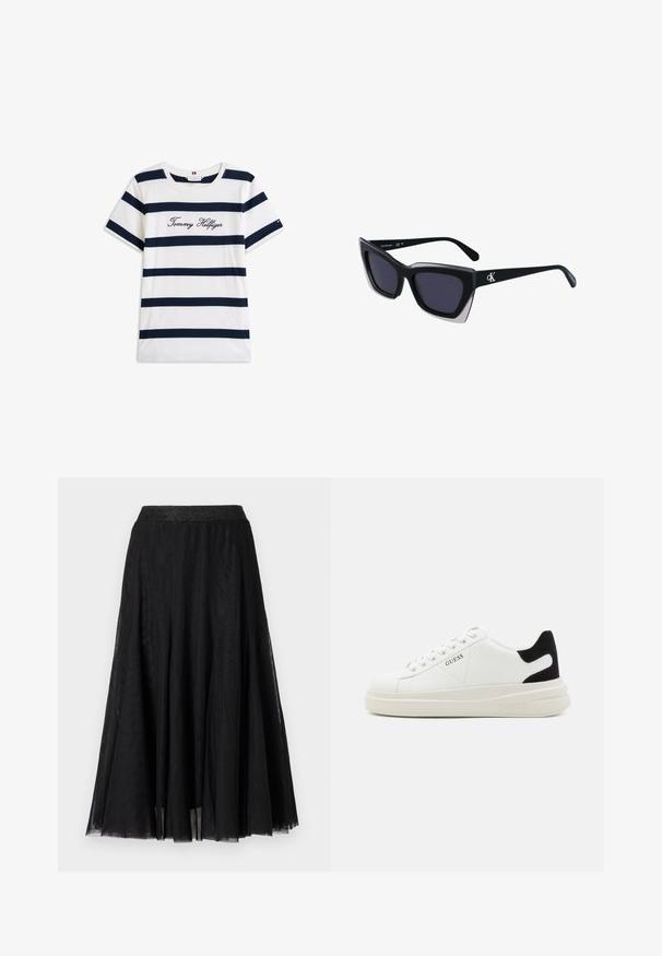 Baumwoll-T-Shirt mit horizontalen navy-blauen Streifen auf weißem Hintergrund. "Tommy Hilfiger" in Kursivschrift auf der Brust gestickt. Runder Halsausschnitt.; Schwarzer Maxikleid mit einem strukturierten, fließenden Design. Verfügt über einen breiten, schimmernden Bund und ein geschichtetes, durchsichtiges Gewebe für einen eleganten Look.; Weiße Leder-Sneaker mit einer dicken weißen Sohle, schwarzem Wildlederakzent an der Ferse und geprägtem Logo an der Seite. Schnürdesign mit sechs Ösen.; Schwarze übergroße Sonnenbrille mit geometrischer Form, ausgestattet mit dunklen Gläsern und einem kontrastierenden grauen Detail im Rahmen. Logo am Bügel.