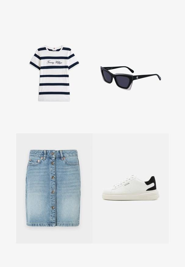 Katoenen T-shirt met horizontale marineblauwe strepen op een witte achtergrond. "Tommy Hilfiger" geborduurd in cursieve letters op de borst. Ronde hals.; Lichtblauwe denim rok met een knoopsluiting aan de voorkant, vijf zakken en stikseldetails. Heeft een rechte snit en een licht vervaagde afwerking.; Witte leren sneakers met een dikke witte zool, zwarte suède hielaccent en een geperst logo op de zijkant. Vetersluiting met zes oogjes.; Zwarte oversized zonnebril met een geometrische vorm, voorzien van donkere glazen en een contrasterend grijs detail op het montuur. Logo op de arm.
