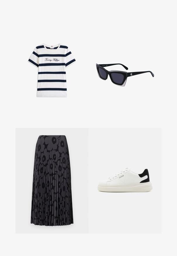 Koftet laget av bomull har horisontale marineblå striper på hvit bakgrunn. "Tommy Hilfiger" brodert i kursiv på brystet. Rund hals.; Svart plisserte skjørt med blomstermønster, laget av lett stoff; har vertikale striper og elastisk liv.; Hvite lær sneakers med tykk hvit såle, svart semsket hælforsterkning og preget logo på siden. Snøresystem med seks hull.; Store svarte solbriller i overdimensjonert størrelse med geometrisk form, med mørke linser og en kontrasterende grå detalj på rammen. Logo på armen.