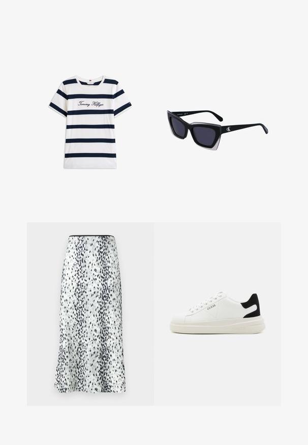 Puuvillainen t-paita, jossa on vaakasuoria tummansinisiä raitoja valkoisella taustalla. "Tommy Hilfiger" brodeerattu kursiivilla rintamuksessa. Pyöreä kaula-aukko.; Polviin asti ulottuva hame, jossa on valkoinen kangas, musta ja harmaa pilkullinen kuvio, viimeistelty yksinkertaisella vyötärönauhalla ja pienellä logolla.; Valkoiset nahkakengät paksulla valkoisella pohjalla, mustalla mokkanahkaosuudella kannassa ja kohokuvioitu logo sivulla. Nauhakeskitys kuudella reiällä.; Mustat ylisuuret aurinkolasit, joissa on geometrinen muoto, tummat linssit ja kehykseen erottuva harmaa yksityiskohta. Logo varressa.