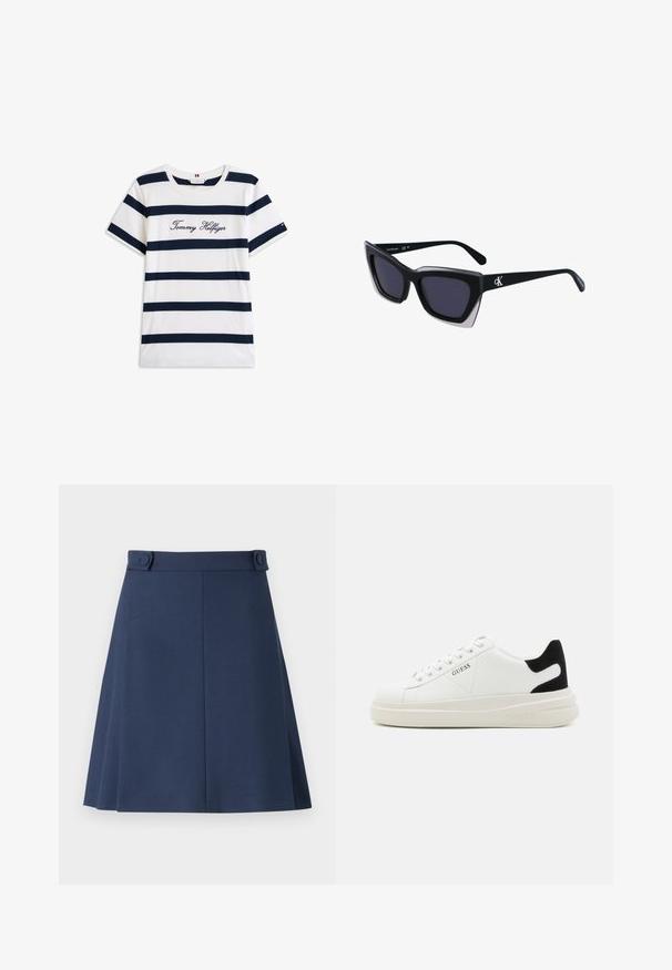 Fehér alapú, vízszintes sötétkék csíkos pamut póló. A mellkason írásos stílusban hímzett "Tommy Hilfiger" felirat. Kerek nyakú.; Sötétkék A-vonalú szoknya sima anyagból, két díszgombbal a deréknál és diszkrét oldalsó varrási részletekkel.; Fehér bőr sportcipők vastag fehér talppal, fekete velúr sarokpikkelyel és dombornyomott logóval az oldalon. Fűzős kialakítás, hat fűzőlyukkal.; Fekete, nagyméretű napszemüveg geometrikus formával, sötét lencsékkel és kontrasztos szürke részlettel a kereten. Logó a szárán.