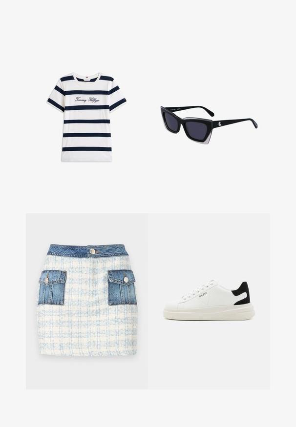 T-shirt in cotone con righe orizzontali blu navy su sfondo bianco. "Tommy Hilfiger" ricamato in corsivo sul petto. Collo a giro.; Gonna mini in denim con un motivo a quadretti blu chiaro e bianchi, con due tasche frontali con dettagli in denim e chiusura a bottone in vita.; Sneaker bianchi in pelle con suola spessa bianca, accento in suede nero sul tallone e logo impresso sul lato. Design con lacci e sei fori per i lacci.; Occhiali da sole oversize neri dalla forma geometrica, con lenti scure e un dettaglio grigio a contrasto sulla montatura. Logo sul braccio.