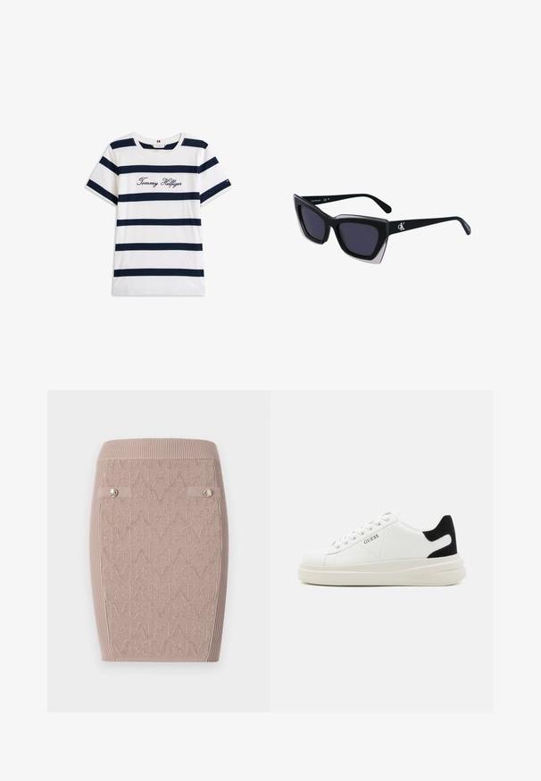 Bavlnené tričko s horizontálnymi námorníckymi pruhmi na bielom pozadí. "Tommy Hilfiger" vyšívané kurzívou na hrudi. Okrúhly výstrih.; Pletená ceruzková sukňa vo svetlo béžovej farbe s textúrovaným vzorom "M", rebrovaným pásom a dvoma bočnými gombíkmi ako akcentom.; Biele kožené tenisky s hrubou bielou podrážkou, čiernym zamekom na päte a vyrazeným logom na boku. Šnurovací dizajn so šiestimi očkami.; Čierne oversized slnečné okuliare s geometrickým tvarom, s tmavými šošovkami a kontrastným šedým detailom na ráme. Logo na mostíku.