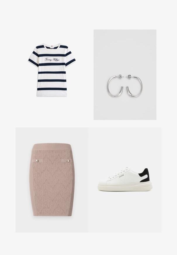 Baumwoll-T-Shirt mit horizontalen navy-blauen Streifen auf weißem Hintergrund. "Tommy Hilfiger" in Kursivschrift auf der Brust gestickt. Runder Halsausschnitt.; Strick-Bleistiftrock in hellbeige mit strukturierten "M"-Muster, geripptem Bund und zwei seitlichen Knöpfen als Akzent.; Weiße Leder-Sneaker mit einer dicken weißen Sohle, schwarzem Wildlederakzent an der Ferse und geprägtem Logo an der Seite. Schnürdesign mit sechs Ösen.; Silberne Creolen mit einer glatten, glänzenden Oberfläche. Abgerundete Form, leichtes Design, mit einer Steckverschluss.