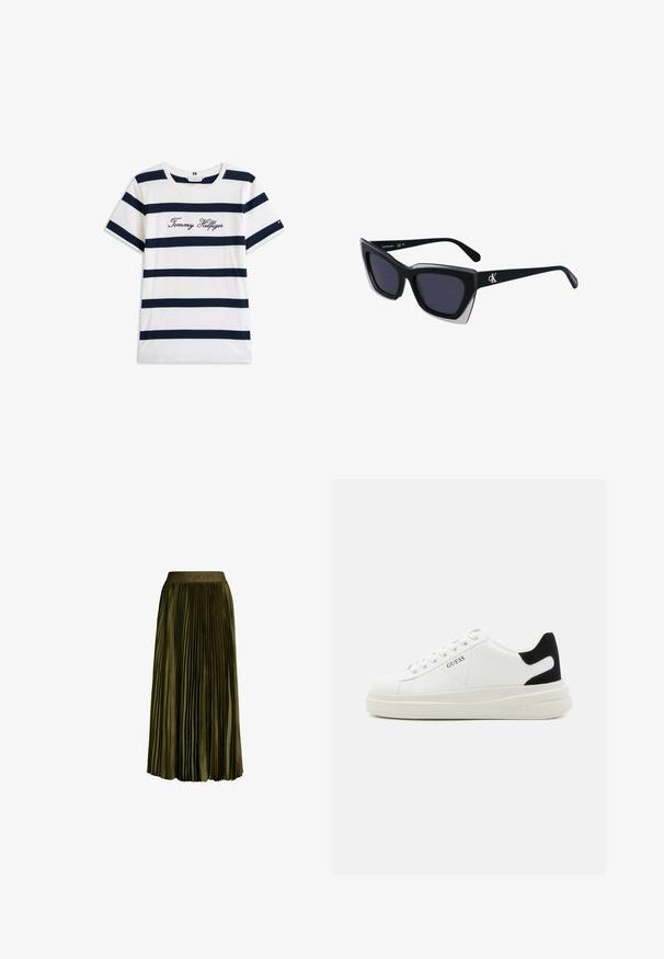 Bombažna majica s horizontalnimi mornarsko modrimi črtami na belem ozadju. "Tommy Hilfiger" izvezeno v kurzivni pisavi na prsih. Okrugli izrez.; Olive zelena, midi dolžine plisirana krila z elastičnim pasom, ki omogoča diskretno ''JOOP!'' logotip, satenski material in lahkotno silhueto.; Bele usnjene športne copate z debelim belim podplatom, črnimi semišnimi detajli na peti in utisnjenim logotipom na strani. Zavezovanje s šestimi luknjicami.; Črne prevelike sončne očala geometrijske oblike, z temnimi lečami in kontrastno sivo podrobnostjo na okvirju. Logo na ročaju.