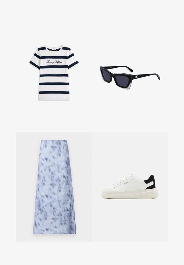 T-shirt in cotone con righe orizzontali blu navy su sfondo bianco. "Tommy Hilfiger" ricamato in corsivo sul petto. Collo a giro.; Una lunga gonna azzurra chiaro con un motivo sfocato in blu scuro. Il tessuto appare morbido, con una texture liscia e un design semplice.; Sneaker bianchi in pelle con suola spessa bianca, accento in suede nero sul tallone e logo impresso sul lato. Design con lacci e sei fori per i lacci.; Occhiali da sole oversize neri dalla forma geometrica, con lenti scure e un dettaglio grigio a contrasto sulla montatura. Logo sul braccio.