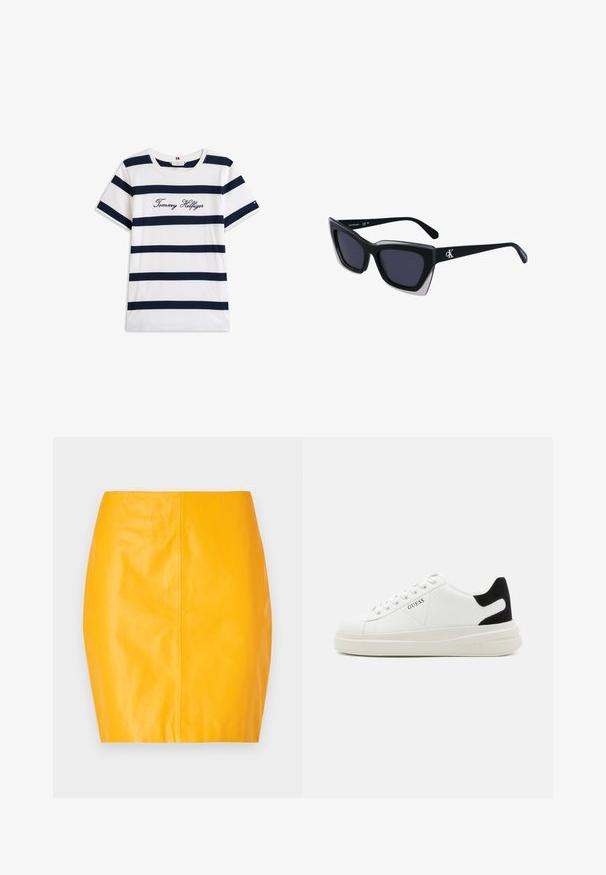 Camiseta de algodón con rayas horizontales azul marino sobre un fondo blanco. "Tommy Hilfiger" bordado en cursiva en el pecho. Escote de tipo crew.; Minifalda de cuero amarilla con una textura suave y un diseño ajustado. Presenta una costura central y una silueta limpia y elegante.; Zapatillas blancas de cuero con una suela blanca gruesa, acento en el talón de ante negro y logo grabado en el lateral. Diseño de cordones con seis ojales.; Gafas de sol negras de gran tamaño con una forma geométrica, que presentan lentes oscuros y un detalle gris contrastante en la montura. Logo en la pata.