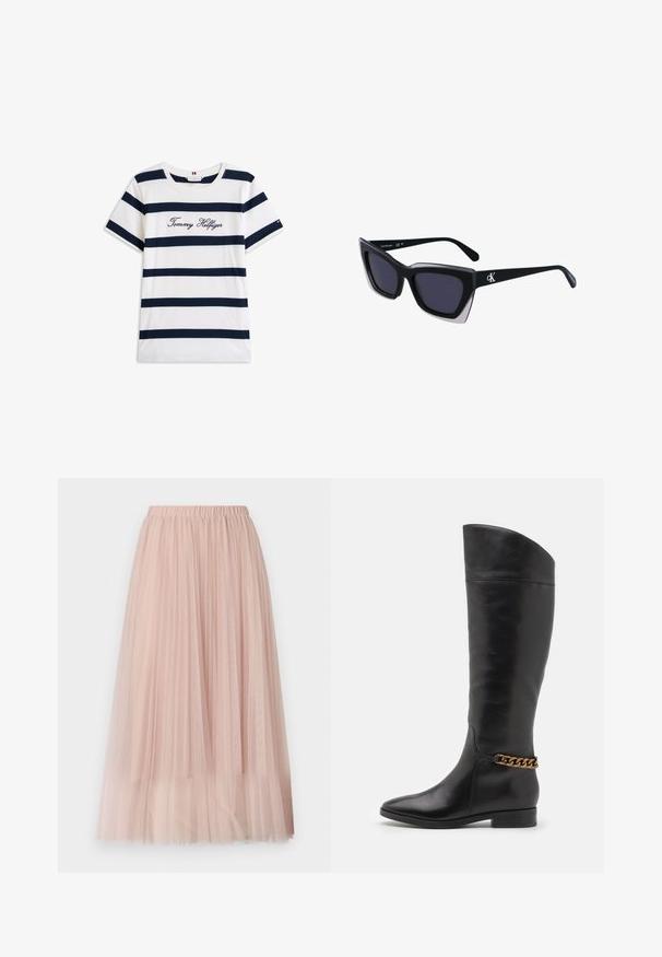 Fehér alapú, vízszintes sötétkék csíkos pamut póló. A mellkason írásos stílusban hímzett "Tommy Hilfiger" felirat. Kerek nyakú.; Világos rózsaszín tüll szoknya rugalmas derékkal, rétegezett, áttetsző anyaggal és légies sziluettel.; Magas fekete bőrcsizma áramvonalas dizájnnal, hegyes orral és arany lánc díszítéssel a bokán. Alacsony, tömbsarkú. Sima felület.; Fekete, nagyméretű napszemüveg geometrikus formával, sötét lencsékkel és kontrasztos szürke részlettel a kereten. Logó a szárán.