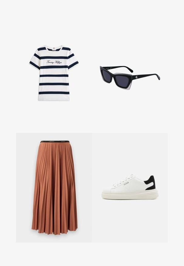 Fehér alapú, vízszintes sötétkék csíkos pamut póló. A mellkason írásos stílusban hímzett "Tommy Hilfiger" felirat. Kerek nyakú.; Terrakotta színű, pliszírozott szoknya fekete derékkal, függőleges redőkkel és sima textúrával. Hossza a vádliig ér.; Fehér bőr sportcipők vastag fehér talppal, fekete velúr sarokpikkelyel és dombornyomott logóval az oldalon. Fűzős kialakítás, hat fűzőlyukkal.; Fekete, nagyméretű napszemüveg geometrikus formával, sötét lencsékkel és kontrasztos szürke részlettel a kereten. Logó a szárán.