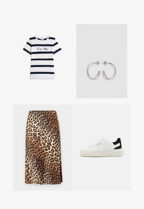 Fehér alapú, vízszintes sötétkék csíkos pamut póló. A mellkason írásos stílusban hímzett "Tommy Hilfiger" felirat. Kerek nyakú.; Leopárdmintás szoknya sima, selyemhez hasonló anyagból; barna, fekete és krém színek keverékével, A-vonalú sziluettel rendelkezik.; Fehér bőr sportcipők vastag fehér talppal, fekete velúr sarokpikkelyel és dombornyomott logóval az oldalon. Fűzős kialakítás, hat fűzőlyukkal.; Ezüst karika fülbevalók sima, fényes felülettel. Lekerekített forma, könnyű kialakítással, tűs zárómechanizmussal.