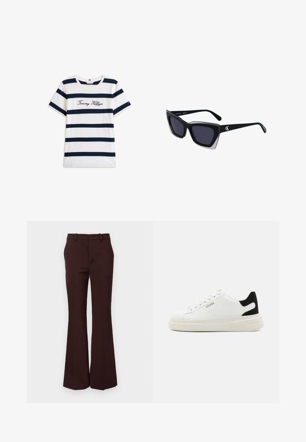 Koftet laget av bomull har horisontale marineblå striper på hvit bakgrunn. "Tommy Hilfiger" brodert i kursiv på brystet. Rund hals.; Brune svingede bukser lavet af et glat stof, med en skræddersyet talje, bæltestropper og en ren front uden lommer.; Hvite lær sneakers med tykk hvit såle, svart semsket hælforsterkning og preget logo på siden. Snøresystem med seks hull.; Store svarte solbriller i overdimensjonert størrelse med geometrisk form, med mørke linser og en kontrasterende grå detalj på rammen. Logo på armen.