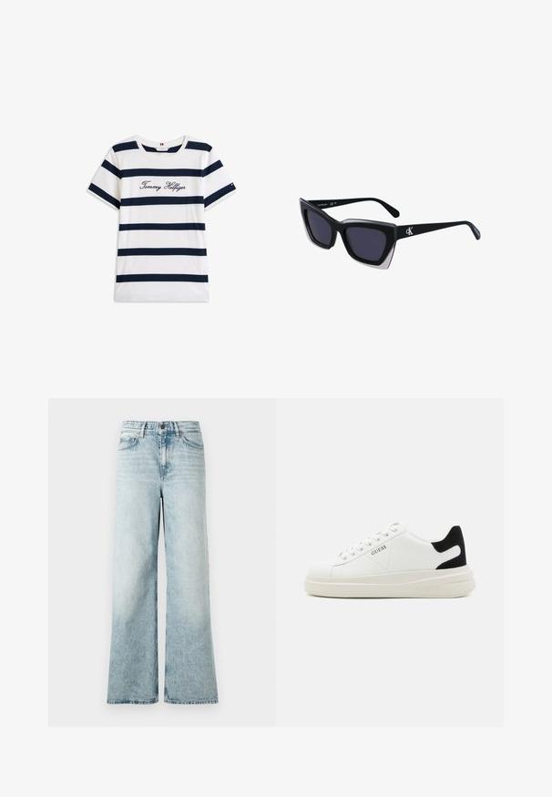 Pamučna majica s horizontalnim tamnoplave pruge na bijeloj pozadini. "Tommy Hilfiger" izvezeno kurzivom na prsima. Okrugli izrez.; Svijetloplave široke traperice od denima, s visokim strukom, skraćenim rubom i mekim teksturom uz izblijedjele detalje.; Bijele kožne tenisice s debelim bijelim potplatom, crnim zamšastim akcentom na peti i ugraviranim logom sa strane. Dizajn s vezicama i šest rupa za vezivanje.; Crne oversize sunčane naočale geometrijskog oblika, s tamnim staklima i kontrastnom sivom dekoracijom na okviru. Logo na dršci.