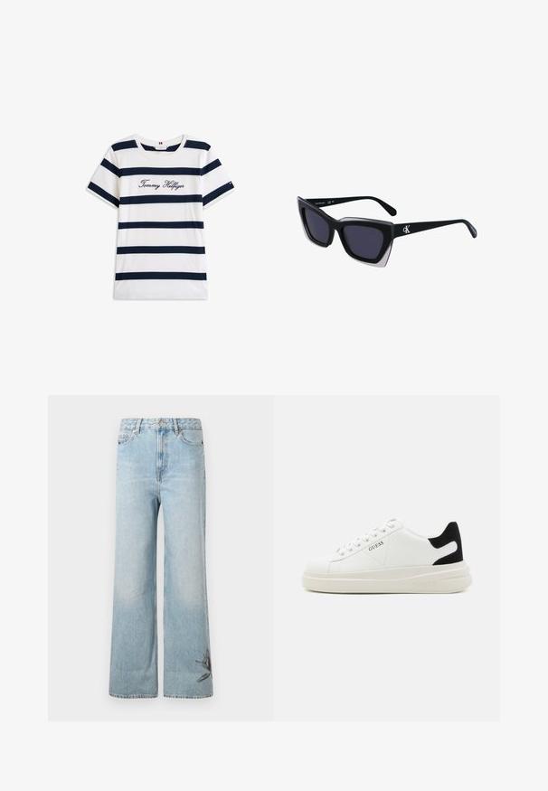 Kokvilnas T-krekls ar horizontālām tumši zilām svītrām uz balta fona. "Tommy Hilfiger" izšūts skriptā uz krūšu daļas. Cauruma apkakle.; Gaiši zili platām kājām džinsi, kas izgatavoti no denima, ar izbalējušu tekstūru un ziedu izšuvumu zemajā kreisajā kājā.; Baltas ādas sporta apavi ar biezu balto zoli, melna zamša uzpura un izspiestais logotips sānos. Šņorējuma dizains ar sešiem acu caurumiem.; Melni pārmēru saulesbrilles ar ģeometrisku formu, kas aprīkotas ar tumšiem stikliem un kontrastējošu pelēku akcentu uz rāmja. Logo uz kājas.