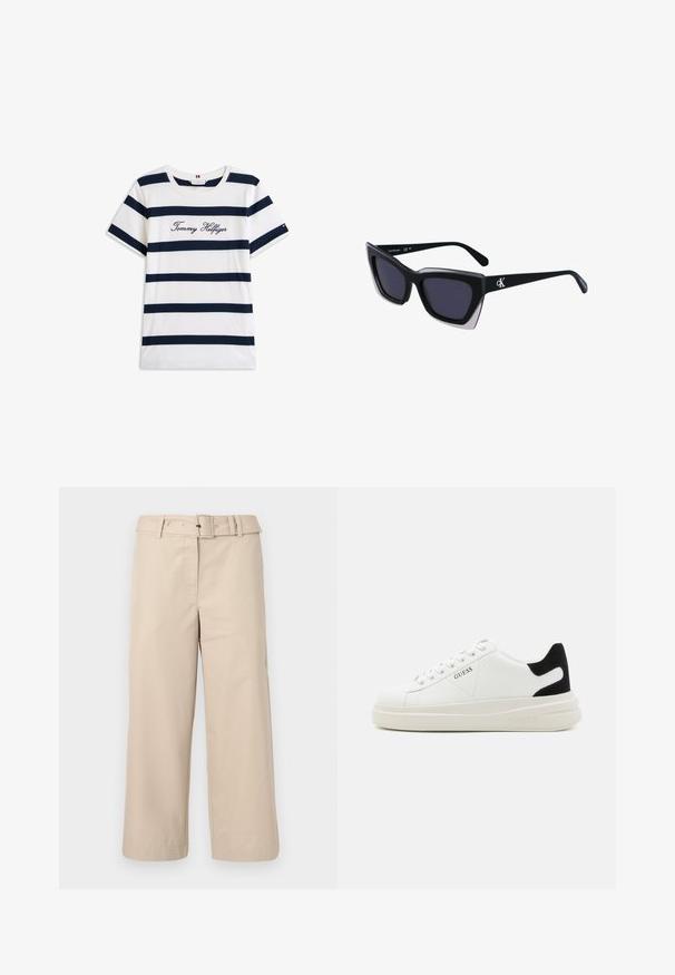 Fehér alapú, vízszintes sötétkék csíkos pamut póló. A mellkason írásos stílusban hímzett "Tommy Hilfiger" felirat. Kerek nyakú.; Beige, bő szárú nadrág sima anyagból. Övvel ellátott derék és két oldalsó zseb jellemzi. Tiszta varrások és befejezett szegély.; Fehér bőr sportcipők vastag fehér talppal, fekete velúr sarokpikkelyel és dombornyomott logóval az oldalon. Fűzős kialakítás, hat fűzőlyukkal.; Fekete, nagyméretű napszemüveg geometrikus formával, sötét lencsékkel és kontrasztos szürke részlettel a kereten. Logó a szárán.