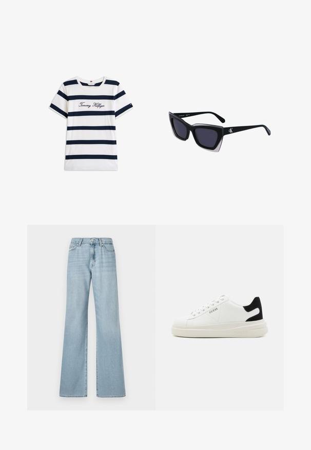 Puuvillane T-särk horisontaalsete tumesiniste triipudega valgel taustal. Rinnal on kiri "Tommy Hilfiger" kantud kursiivis. Ümmargune kaelus.; Heledad sinine laiene jood koos denimist, millel on kõrge vöökoht, küljetaskud ja õrn pleekimine kogu kangas.; Valged nahast tennisetossud paksu valge tallaga, musta sametist kontsakeeuga ja külje peal riigilogo reljeefne kujundus. Lukkeskeem kuue silmaauguga.; Mustad suured mustad prillid geomeetrilise kujuga, tumedate läätsedega ja kontrastse halli detailiga raamidel. Logo käe peal.
