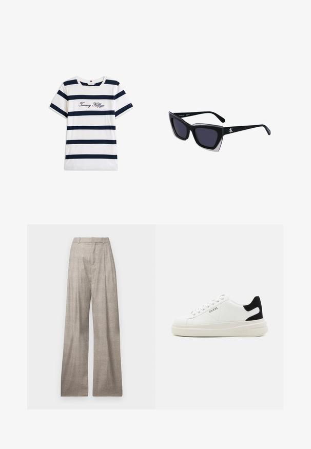 Fehér alapú, vízszintes sötétkék csíkos pamut póló. A mellkason írásos stílusban hímzett "Tommy Hilfiger" felirat. Kerek nyakú.; Világosszürke, bő szárú nadrág, finom houndstooth mintával, rakással, övpántokkal és sima textúrával.; Fehér bőr sportcipők vastag fehér talppal, fekete velúr sarokpikkelyel és dombornyomott logóval az oldalon. Fűzős kialakítás, hat fűzőlyukkal.; Fekete, nagyméretű napszemüveg geometrikus formával, sötét lencsékkel és kontrasztos szürke részlettel a kereten. Logó a szárán.