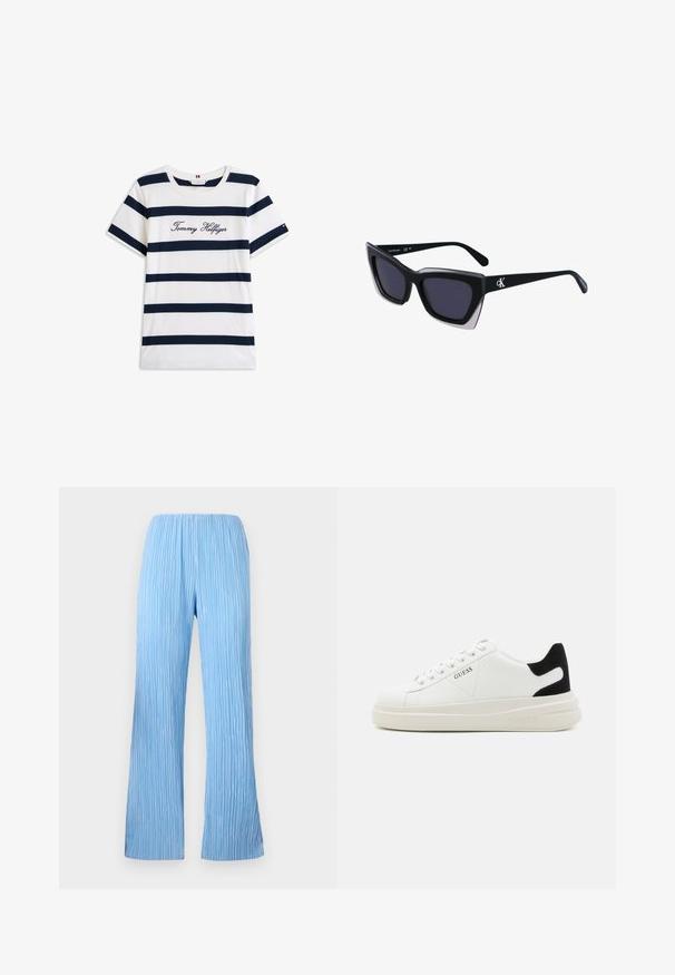 Pamučna majica s horizontalnim tamnoplave pruge na bijeloj pozadini. "Tommy Hilfiger" izvezeno kurzivom na prsima. Okrugli izrez.; Svijetloplave plisirane hlače širokog kroja, s vertikalnim prugama i elastičnom pasicom za udobnost. Glatka, lagana tkanina.; Bijele kožne tenisice s debelim bijelim potplatom, crnim zamšastim akcentom na peti i ugraviranim logom sa strane. Dizajn s vezicama i šest rupa za vezivanje.; Crne oversize sunčane naočale geometrijskog oblika, s tamnim staklima i kontrastnom sivom dekoracijom na okviru. Logo na dršci.