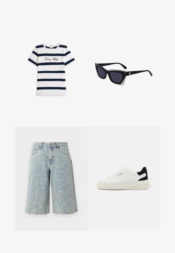 Pamučna majica s horizontalnim tamnoplave pruge na bijeloj pozadini. "Tommy Hilfiger" izvezeno kurzivom na prsima. Okrugli izrez.; Traperice bermuda šortse u svijetloplavoj boji, s izblijedjelim uzorkom, dizajnom s pet džepova i ravnim krojem s rastrganim rubovima.; Bijele kožne tenisice s debelim bijelim potplatom, crnim zamšastim akcentom na peti i ugraviranim logom sa strane. Dizajn s vezicama i šest rupa za vezivanje.; Crne oversize sunčane naočale geometrijskog oblika, s tamnim staklima i kontrastnom sivom dekoracijom na okviru. Logo na dršci.