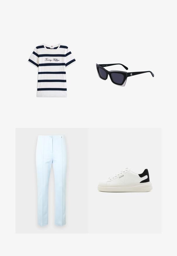 T-shirt i bomull med horisontella marinblå ränder på vit bakgrund. "Tommy Hilfiger" broderat i kursiv på bröstet. Rund halsringning.; Ljusblå skräddarsydda byxor med en slät textur, utrustade med två knappar framtill, sidofickor och subtila vertikala sömmar för formgivning.; Vita lädersneakers med en tjock vit sula, svartsuede hälaccent och präglad logotyp på sidan. Snörningsdesign med sex öglor.; Svart överdimensionerade solglasögon med geometrisk form, med mörka linser och en kontrasterande grå detalj på ramen. Logotyp på bygeln.