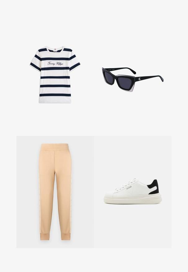 Bavlněné tričko s horizontálními námořnickými pruhy na bílém pozadí. Na hrudi je výšivka "Tommy Hilfiger" v kurzívě. Kulatý výstřih.; Beige tepláky s hladkou texturou, s tapered designem, elastickým pasem a vzorovanými bočními panely.; Bílé kožené tenisky s tlustou bílou podrážkou, černým semišovým akcentem na patě a vyraženým logem na boku. Šněrovací design se šesti očka.; Černé oversized sluneční brýle geometrického tvaru, s tmavými skly a kontrastním šedým detailem na rámu. Logo na rameni.