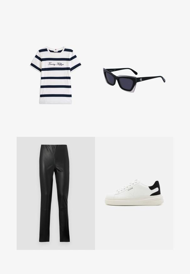 T-shirt i bomull med horisontella marinblå ränder på vit bakgrund. "Tommy Hilfiger" broderat i kursiv på bröstet. Rund halsringning.; Svarta byxor i konstläder med slim fit, slät textur, medelhög midja och raka ben. Inga synliga detaljer eller mönster.; Vita lädersneakers med en tjock vit sula, svartsuede hälaccent och präglad logotyp på sidan. Snörningsdesign med sex öglor.; Svart överdimensionerade solglasögon med geometrisk form, med mörka linser och en kontrasterande grå detalj på ramen. Logotyp på bygeln.