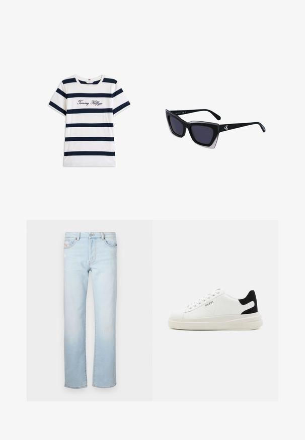 Camiseta de algodón con rayas horizontales azul marino sobre un fondo blanco. "Tommy Hilfiger" bordado en cursiva en el pecho. Escote de tipo crew.; Jeans de mezclilla azul claro con corte recto, que presentan un ligero desgaste, cinco bolsillos y un cierre de botón.; Zapatillas blancas de cuero con una suela blanca gruesa, acento en el talón de ante negro y logo grabado en el lateral. Diseño de cordones con seis ojales.; Gafas de sol negras de gran tamaño con una forma geométrica, que presentan lentes oscuros y un detalle gris contrastante en la montura. Logo en la pata.