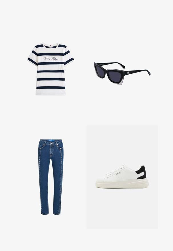 T-shirt in cotone con righe orizzontali blu navy su sfondo bianco. "Tommy Hilfiger" ricamato in corsivo sul petto. Collo a giro.; Jeans in denim blu scuro con vestibilità dritta, caratterizzati da cuciture a contrasto e borchie decorative lungo le cuciture laterali e le tasche anteriori.; Sneaker bianchi in pelle con suola spessa bianca, accento in suede nero sul tallone e logo impresso sul lato. Design con lacci e sei fori per i lacci.; Occhiali da sole oversize neri dalla forma geometrica, con lenti scure e un dettaglio grigio a contrasto sulla montatura. Logo sul braccio.