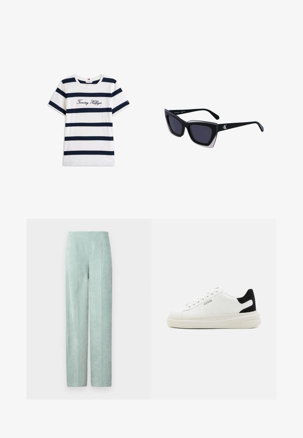 Puuvillane T-särk horisontaalsete tumesiniste triipudega valgel taustal. Rinnal on kiri "Tommy Hilfiger" kantud kursiivis. Ümmargune kaelus.; DRYKORN BEFORE - Püksid - blue; Valged nahast tennisetossud paksu valge tallaga, musta sametist kontsakeeuga ja külje peal riigilogo reljeefne kujundus. Lukkeskeem kuue silmaauguga.; Mustad suured mustad prillid geomeetrilise kujuga, tumedate läätsedega ja kontrastse halli detailiga raamidel. Logo käe peal.; Hõbedased rõngaskõrvarõngad, millel on sile ja läikiv pind. Ümar kuju, kerge disain, millel on post-tagumise kinnituse süsteem.