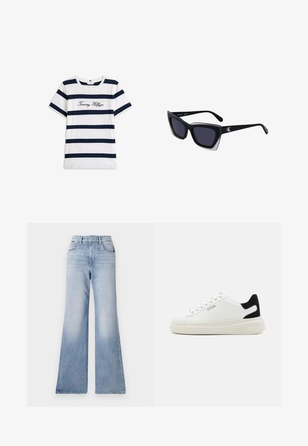 Pamučna majica s horizontalnim tamnoplave pruge na bijeloj pozadini. "Tommy Hilfiger" izvezeno kurzivom na prsima. Okrugli izrez.; Svijetloplave traperice s lepršavim nogavicama i visokim strukom, koje imaju dva prednja džepa i suptilno izbjeljivanje duž bedrâ i nogu.; Bijele kožne tenisice s debelim bijelim potplatom, crnim zamšastim akcentom na peti i ugraviranim logom sa strane. Dizajn s vezicama i šest rupa za vezivanje.; Crne oversize sunčane naočale geometrijskog oblika, s tamnim staklima i kontrastnom sivom dekoracijom na okviru. Logo na dršci.