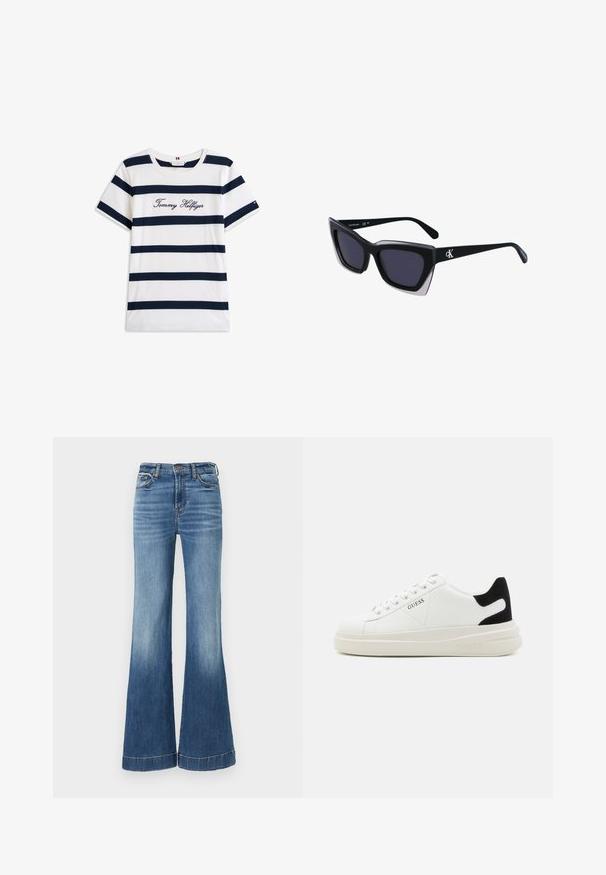 Katoenen T-shirt met horizontale marineblauwe strepen op een witte achtergrond. "Tommy Hilfiger" geborduurd in cursieve letters op de borst. Ronde hals.; Blauwe denim flared jeans met een hoge taille, met een lichtere vervaging aan de onderkant en gestikte zoomdetails. Klassiek vijf-pocket ontwerp.; Witte leren sneakers met een dikke witte zool, zwarte suède hielaccent en een geperst logo op de zijkant. Vetersluiting met zes oogjes.; Zwarte oversized zonnebril met een geometrische vorm, voorzien van donkere glazen en een contrasterend grijs detail op het montuur. Logo op de arm.