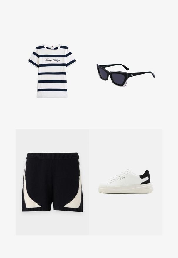 Fehér alapú, vízszintes sötétkék csíkos pamut póló. A mellkason írásos stílusban hímzett "Tommy Hilfiger" felirat. Kerek nyakú.; Fekete kötött rövidnadrág, kontrasztos krém színű geometrikus mintákkal az oldalán. Bordás derékpánttal és puha textúrával rendelkezik.; Fehér bőr sportcipők vastag fehér talppal, fekete velúr sarokpikkelyel és dombornyomott logóval az oldalon. Fűzős kialakítás, hat fűzőlyukkal.; Fekete, nagyméretű napszemüveg geometrikus formával, sötét lencsékkel és kontrasztos szürke részlettel a kereten. Logó a szárán.