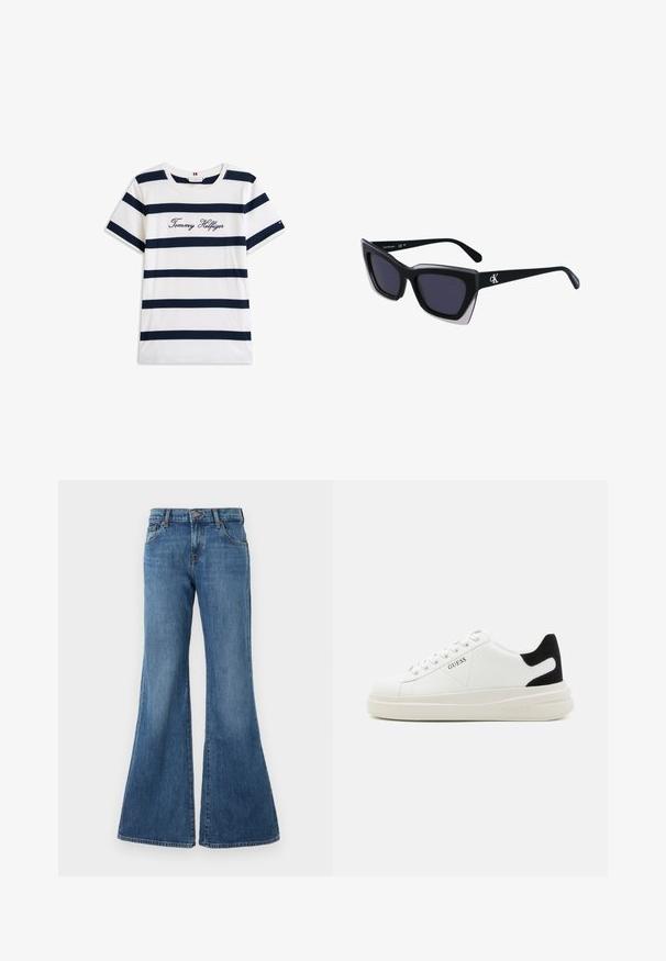 Bavlněné tričko s horizontálními námořnickými pruhy na bílém pozadí. Na hrudi je výšivka "Tommy Hilfiger" v kurzívě. Kulatý výstřih.; Džíny s rozšířenými nohavicemi v středně modré barvě s klasickým pětiokýnkovým designem, poutky na opasek a zapínáním na knoflík. Hladký povrch s jemným vyblednutím.; Bílé kožené tenisky s tlustou bílou podrážkou, černým semišovým akcentem na patě a vyraženým logem na boku. Šněrovací design se šesti očka.; Černé oversized sluneční brýle geometrického tvaru, s tmavými skly a kontrastním šedým detailem na rámu. Logo na rameni.