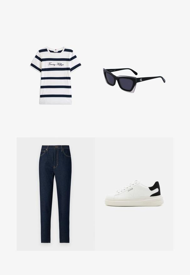 Pamučna majica s horizontalnim tamnoplave pruge na bijeloj pozadini. "Tommy Hilfiger" izvezeno kurzivom na prsima. Okrugli izrez.; Tamno plave traperice ravnog kroja. Imaju prednje i stražnje džepove te kontrastne žute šavove. Klasično zatvaranje na gumbe.; Bijele kožne tenisice s debelim bijelim potplatom, crnim zamšastim akcentom na peti i ugraviranim logom sa strane. Dizajn s vezicama i šest rupa za vezivanje.; Crne oversize sunčane naočale geometrijskog oblika, s tamnim staklima i kontrastnom sivom dekoracijom na okviru. Logo na dršci.