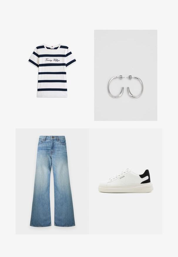 Tricou din bumbac cu dungi orizontale bleumarin pe un fundal alb. "Tommy Hilfiger" brodat în stil cursiv pe piept. Decolteu rotund.; Jeans largi de culoare albastru deschis din denim, având un fermoar standard, cinci buzunare și un finisaj estompat cu detalii subtile de șters.; Adidași din piele albă cu o talpă groasă albă, accent de călcâi din suede negru și logo embosat pe lateral. Design cu șireturi și șase orificii.; Cercei rotunzi din argint cu un finisaj neted și strălucitor. Design ușor, având o formă rotundă și închidere cu tijă.