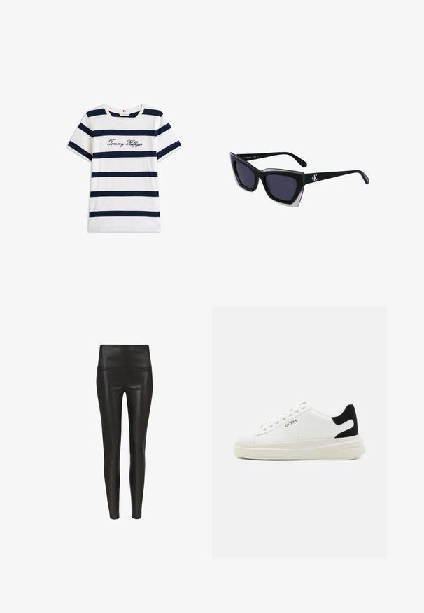 Bawełniana koszulka z poziomymi granatowymi paskami na białym tle. "Tommy Hilfiger" wyszyte kursywą na klatce piersiowej. Okrągły dekolt.; Czarne legginsy z ekoskóry o wysokim stanie, z gładkim, błyszczącym wykończeniem i dopasowanym krojem, zwężające się w kostce. Bez widocznych szwów.; Białe skórzane sneakersy z grubą białą podeszwą, czarnym zamszowym akcentem na pięcie oraz wytłoczonym logotypem z boku. Projekt z sznurówkami i sześcioma dziurkami.; Czarne, oversize okulary przeciwsłoneczne o geometrycznym kształcie, z ciemnymi soczewkami i kontrastującym szarym detalem na oprawie. Logo na ramieniu.