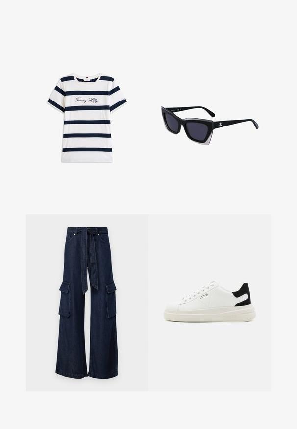 Fehér alapú, vízszintes sötétkék csíkos pamut póló. A mellkason írásos stílusban hímzett "Tommy Hilfiger" felirat. Kerek nyakú.; Sötét farmer színű, laza szárú cargo nadrág övvel a derekán, két oldalsó zsebbel és két fedeles zsebbel a lábakon. Egységes színű, sima textúrájú.; Fehér bőr sportcipők vastag fehér talppal, fekete velúr sarokpikkelyel és dombornyomott logóval az oldalon. Fűzős kialakítás, hat fűzőlyukkal.; Fekete, nagyméretű napszemüveg geometrikus formával, sötét lencsékkel és kontrasztos szürke részlettel a kereten. Logó a szárán.