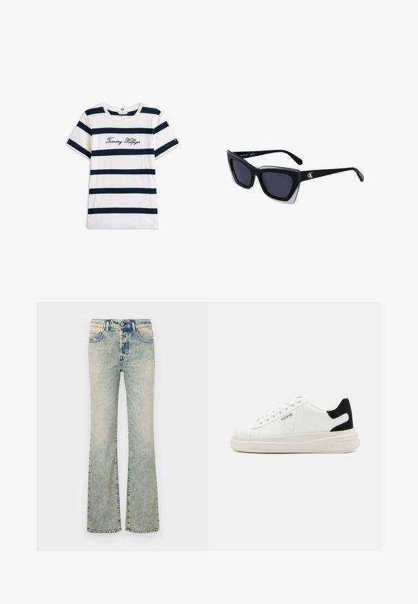 Puuvillane T-särk horisontaalsete tumesiniste triipudega valgel taustal. Rinnal on kiri "Tommy Hilfiger" kantud kursiivis. Ümmargune kaelus.; Hele sinine flared teksad, mis on valmistatud denimist, viie-tasku kujundusega, õmblusdetailide ja tavalise vöökohaga, millel on nööbiga sulgus.; Valged nahast tennisetossud paksu valge tallaga, musta sametist kontsakeeuga ja külje peal riigilogo reljeefne kujundus. Lukkeskeem kuue silmaauguga.; Mustad suured mustad prillid geomeetrilise kujuga, tumedate läätsedega ja kontrastse halli detailiga raamidel. Logo käe peal.