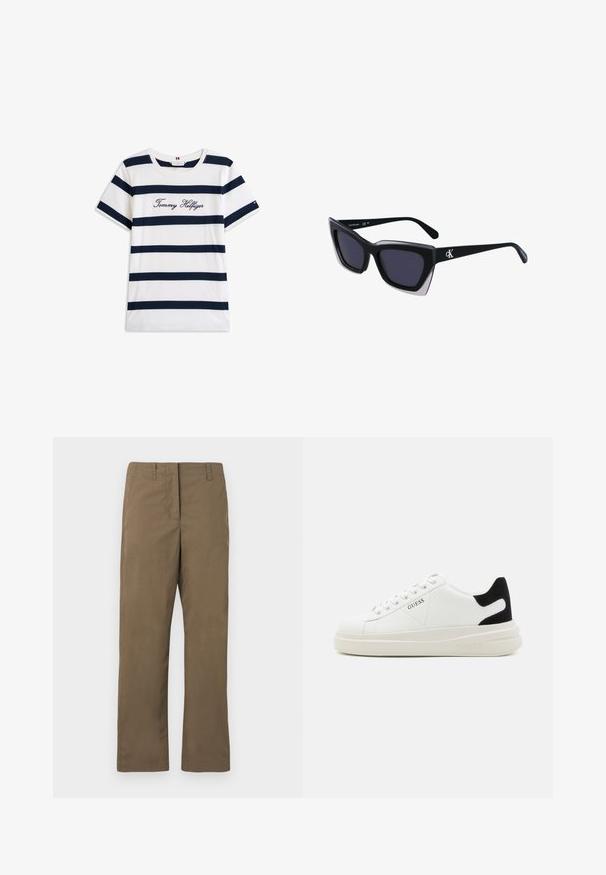 Katoenen T-shirt met horizontale marineblauwe strepen op een witte achtergrond. "Tommy Hilfiger" geborduurd in cursieve letters op de borst. Ronde hals.; Bruine rechte broek van katoenmix stof. Bevat riemlussen, een achterzak en heeft een gladde textuur zonder patronen.; Witte leren sneakers met een dikke witte zool, zwarte suède hielaccent en een geperst logo op de zijkant. Vetersluiting met zes oogjes.; Zwarte oversized zonnebril met een geometrische vorm, voorzien van donkere glazen en een contrasterend grijs detail op het montuur. Logo op de arm.