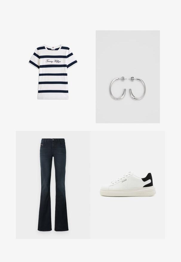 Camiseta de algodón con rayas horizontales azul marino sobre un fondo blanco. "Tommy Hilfiger" bordado en cursiva en el pecho. Escote de tipo crew.; Jeans acampanados de mezclilla oscura con una textura suave, diseño de cinco bolsillos y cierre de botón en la cintura. Presentan un sutil detalle de costura.; Zapatillas blancas de cuero con una suela blanca gruesa, acento en el talón de ante negro y logo grabado en el lateral. Diseño de cordones con seis ojales.; Aros de plata en forma de aro con un acabado liso y brillante. Diseño redondeado y ligero, con cierre de tipo post-back.