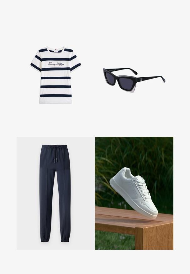 Puuvillainen t-paita, jossa on vaakasuoria tummansinisiä raitoja valkoisella taustalla. "Tommy Hilfiger" brodeerattu kursiivilla rintamuksessa. Pyöreä kaula-aukko.; Tummansininen collegehousut, jotka on valmistettu sileästä ja kevyestä materiaalista; ominaisuuksiin kuuluu joustava vyötärö, jossa on kiristysnauha, ja kapenevat nilkat.; Valkoiset tennarit, joissa on sileä synteettinen päällinen, rei'itetty varvasosa, litteät nauhat ja teksturoitu pohja, esillä puupinnalla.; Mustat ylisuuret aurinkolasit, joissa on geometrinen muoto, tummat linssit ja kehykseen erottuva harmaa yksityiskohta. Logo varressa.