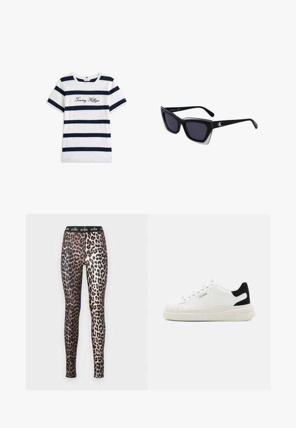 Tricou din bumbac cu dungi orizontale bleumarin pe un fundal alb. "Tommy Hilfiger" brodat în stil cursiv pe piept. Decolteu rotund.; Colanți cu imprimeu de leopard, prezintă un brâu elastic negru cu textul "crâs", realizat dintr-un material lucios și neted.; Adidași din piele albă cu o talpă groasă albă, accent de călcâi din suede negru și logo embosat pe lateral. Design cu șireturi și șase orificii.; Ochelari de soare supradimensionați, negri, cu o formă geometrică, având lentile întunecate și un detaliu gri contrastant pe ramă. Logo pe braț.