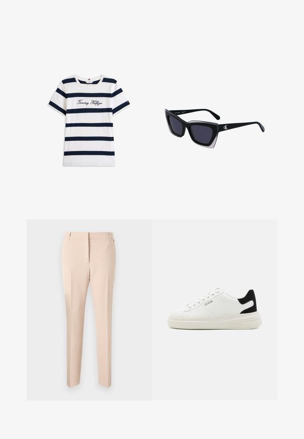 T-shirt en coton avec des rayures horizontales bleu marine sur un fond blanc. "Tommy Hilfiger" brodé en écriture cursive sur la poitrine. Encolure ras du cou.; Pantalons beiges ajustés avec un devant plat, des passants de ceinture, deux poches latérales et une coupe droite. Texture de tissu lisse et détails minimaux.; Baskets en cuir blanc avec une épaisse semelle blanche, un accent en daim noir au niveau du talon et un logo embossé sur le côté. Design à lacets avec six œillets.; Lunettes de soleil noires surdimensionnées avec une forme géométrique, dotées de verres foncés et d'un détail gris contrastant sur la monture. Logo sur la branche.